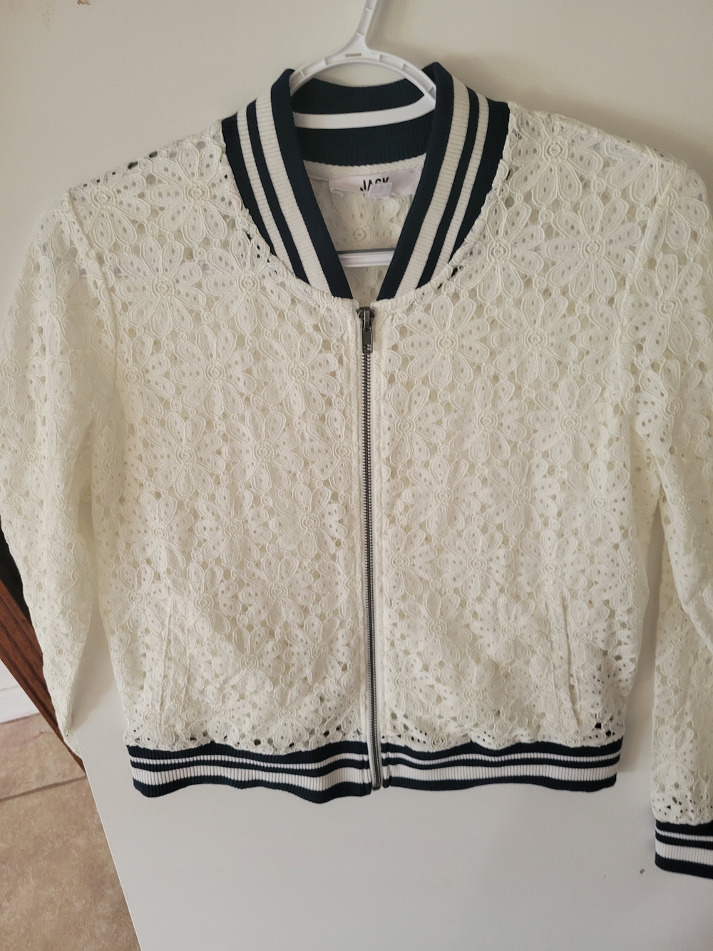 BB Dakota White Lace Bomber Jacket with Navy Stripe Trim